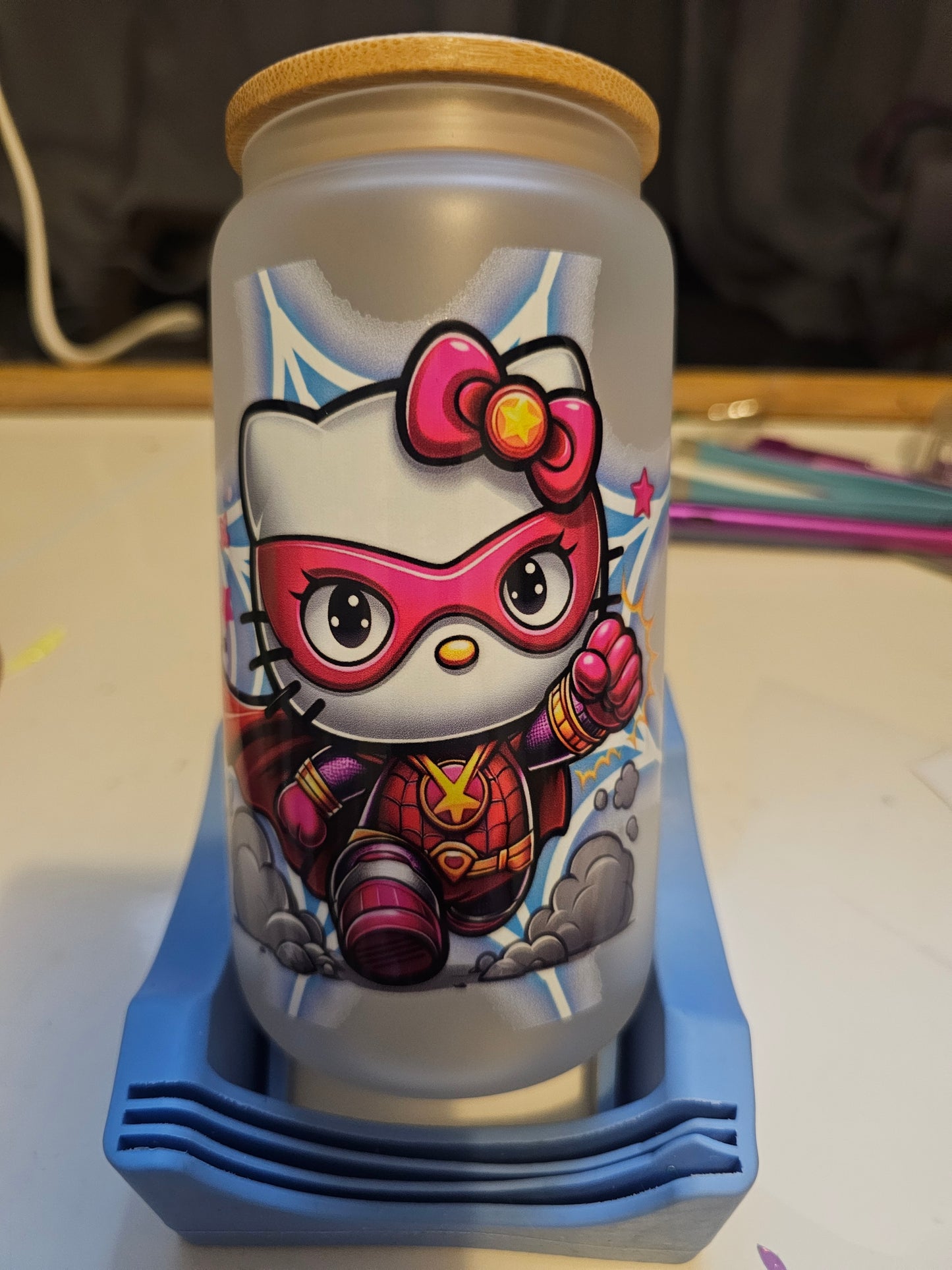 Super hero hello kitty glass